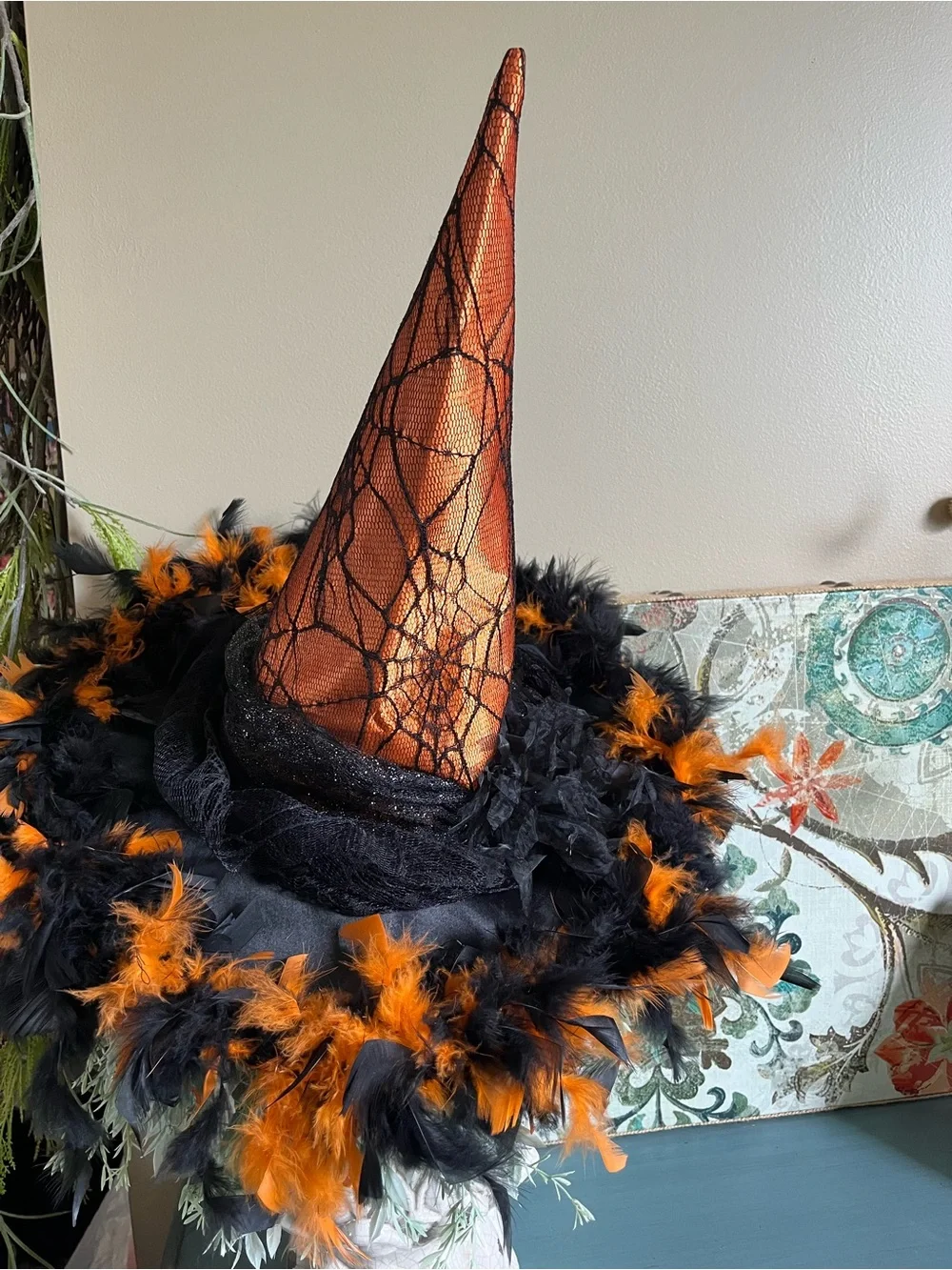ADORABLE…Halloween Witch Hat with Black and Orange Feather Boa